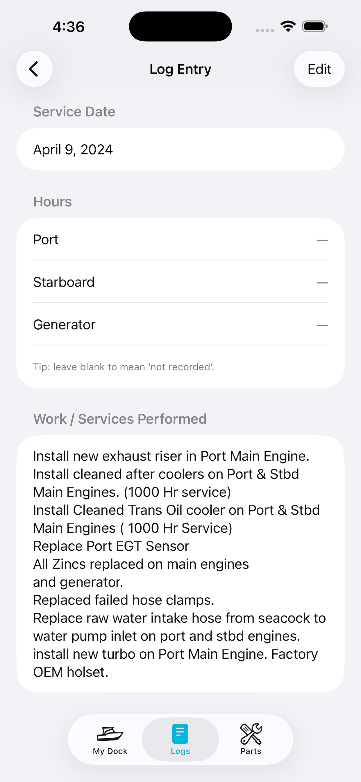 MEL Log entry screen